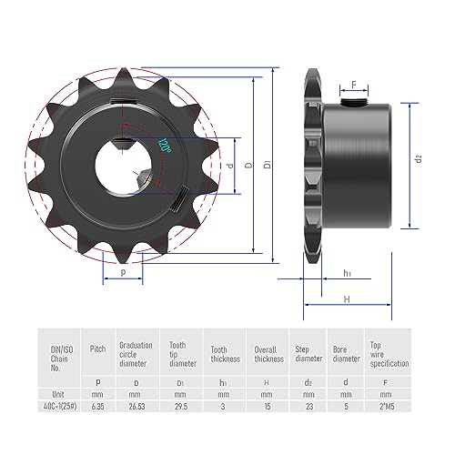 Image of 14 Tooth Roller Chain Sprocket B Type Hardened Teeth, 25 Chain Sigle Strand 1 /4-Inch Pitch, 5mm Bore Black Oxide C45 Carbon Steel with Fasten Screws for 04C Chain
