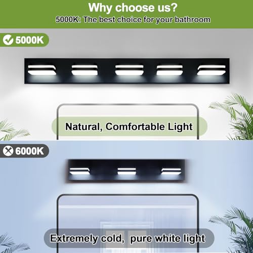 Image of Torondo 360 Rotate LED Bathroom Vanity Light Fixtures, Acrylic Vanity Lights for Bathroom, Modern Wall Lighting Fixtures Over Mirror Living, Matte Black, Natural White, 5-Light, 34-Inch