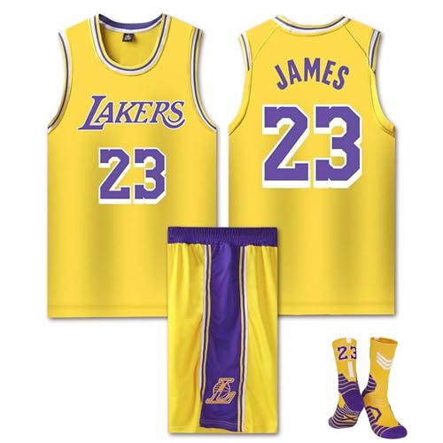 23# Camiseta De Baloncesto Para Niños Adulto 2 Piezas Camiseta Sin Mangas Y Pantalones Cortos Conjunto De Chaleco Deportivo Con Calcetines 23# Uniforme Baloncesto Juvenil,Yellow-XL