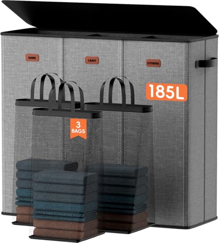 Vexalora 185L Laundry Hamper 3 Section, Laundry Hamper with Lid, Dirty Clothes Hamper with 3 Removable Washing Bags, Extra Large Laundry Basket Organizer for Bedroom, Laundry Room, Dorm - Gray