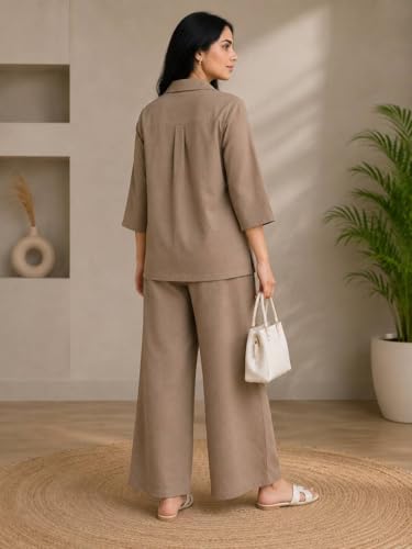 Image of Women's Co Ord Set for Women - Relaxed Fit Collared Top with 3 /4 Sleeves & Wide Leg Palazzo Pants, Casual Lounge Wear Matching Outfit for Daily Wear, Travel & Office
