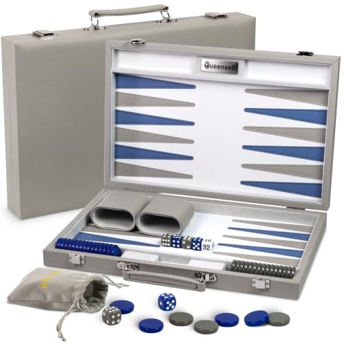 Image of Large Gray Backgammon Set for Adults - Classic Board Game for 2 Players Adults and Kids - Premium 15 Inch Backgammon Board with 32 Playing Pieces in Quality PU Leather Case