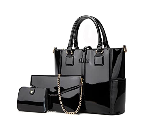 YAQUNICER Sacs à main pour Femmes de Grande Capacité en Cuir Verni à La mode Cartables 3pièces Sacoche Cabas Pochettes et clutches-Noir