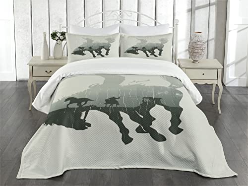 Lunarable Western Bedspread, Weathered Look Western Themed Cowboy Chasing Wild Horse In The Desert Rodeo Cowboy Art, Decorative Quilted 3 Piece Coverlet Set With 2 Pillow Shams, Queen Size, Green Grey #TOP1