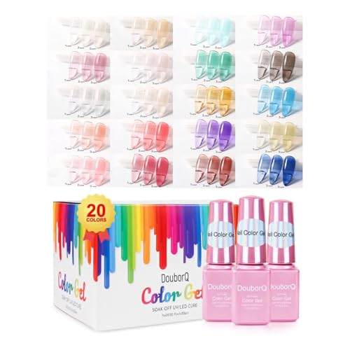 DouborQ 20 Bottles Jelly Gel Nail Polish Glass Translucent Crystal Blue Pink Red Pink Clear Green Yellow Purple Colors UV Soak Off LED Gel 7ml Soak Off Manicure Kit