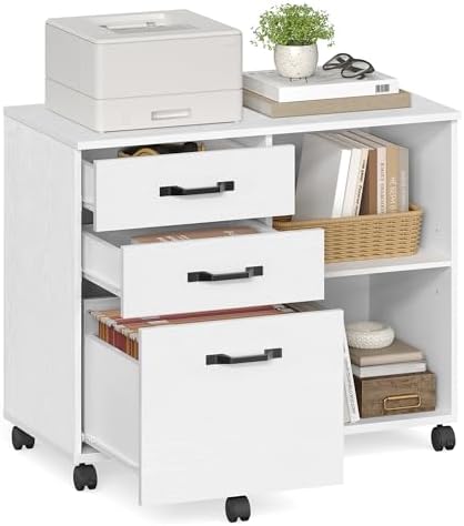 VASAGLE kontener na k&oacute;łkach, z 3 szufladami i k&oacute;łkami, otwarte kieszenie...