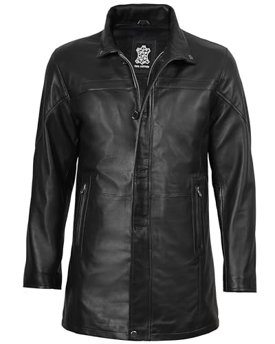 Image of fjackets Men's Lambskin Leather Car Coat - Stylish Long 3 /4 Casual Leather Jacket Men Outerwear