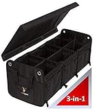 Tuff Viking Convertible Large 3 Compartment SUV Trunk Organizer | Truck Bed Organizer with Cover for Trucks, Cars, SUVs and Groceries. Patented (4-in-1 with Cover, Black)