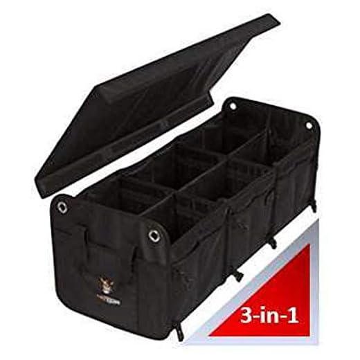 Tuff Viking Convertible Large 3 Compartment SUV Trunk Organizer | Truck Bed Organizer with Cover for Trucks, Cars, SUVs and Groceries. PATENTED ( 4-in-1 with Cover, Black)
