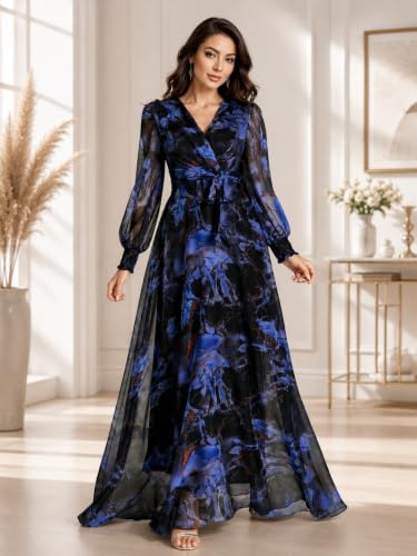 Image of LITZO Women's One Piece Dress - Georgette Floral Printed Western Gown | Long Sleeve V Neck Fit & Flare Flared Hem Design | A-Line Maxi Dress for Women | New Year Party Outfit (NO-08-10)