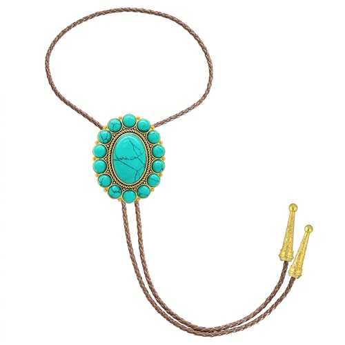 Image of GelConnie Bolo Tie for Men Women Western Cowboy Turquoise Leather Necktie | Natural Stone Bolo Tie Necklace for Women Rodeo Cowboy Leather Necktie Native American Western Cowgirl Ties Adjustable Cord