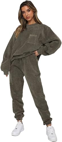 JASTIE Women's 2 Piece Sets Lounge Tracksuits Long Sleeve Round Neck Pockets Outfit Pants Corduroy Jogger Sweatsuit(ArmyGreen Gray,XXL)