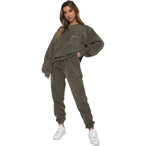 Jastie Women's 2 Piece Sets Lounge Tracksuits Long Sleeve Round Neck Pockets Outfit Pants Corduroy Jogger Sweatsuit(Armygreen Gray,Xxl) #TOP29