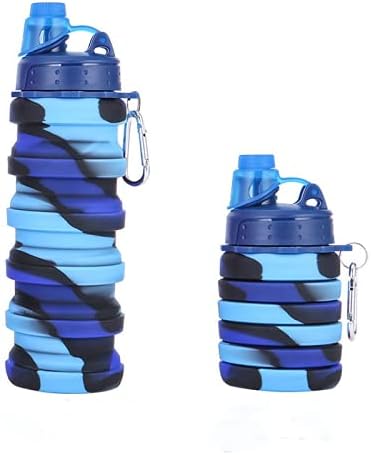 Mamibot Collapsible Silicone Water Bottles, Reusable Foldable Water Bottles, 16oz Portable Leakproof Water Bottles with Carabiner for Travel Camping Hiking, BPA Free, Dark Blue