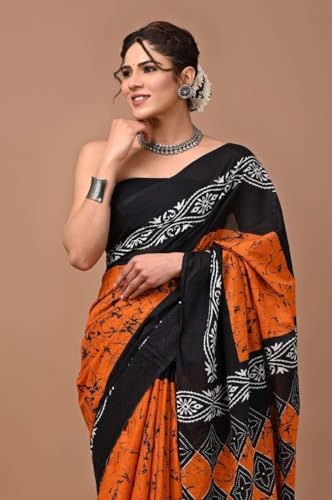 Image of Hand Block Printed Cotton Mulmul Saree | Soft Lightweight Summer Saree | Pure Cotton Traditional Indian Saree for Women