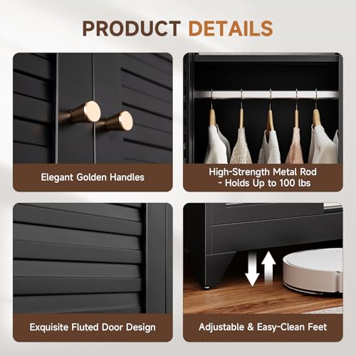Image of Letaya Armoire Wardrobe Closet,20 inch Deep Metal Wardrobe Cabinet with Doors and Shelves,Hanging Rod Clothing Storage Cabinets for Home RoomBlack