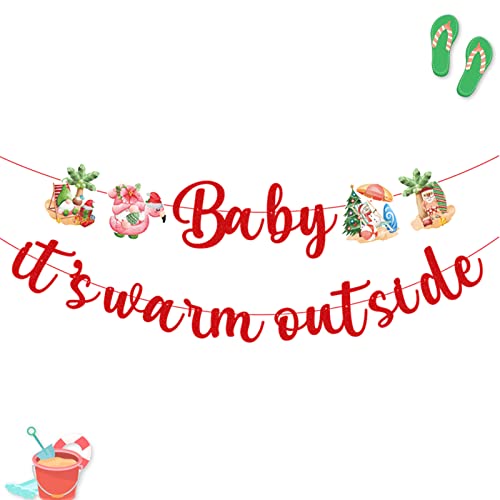 Baby It's Warm Outside Banner, Glittery Red July Christmas Decorations Banners Summer Hawaii July Mele Kalikimaka Christmas Decorations Holiday Garland Photo Props Banner For Party Home Decorations #TOP4