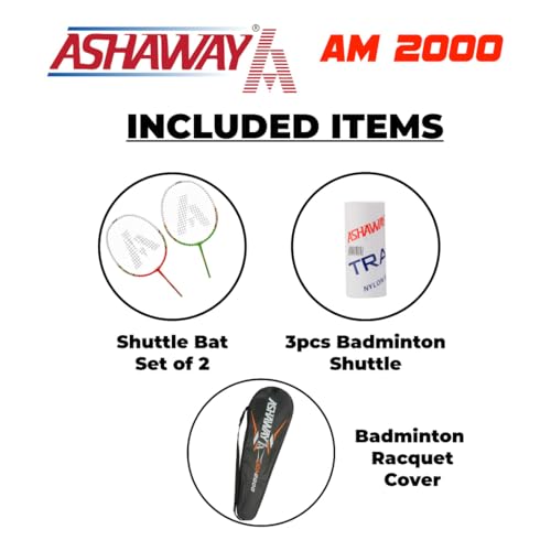 Image of ASHAWAY Badminton Rackets Set of 2 - AM 2000 | Aluminum Rackets Combo with 3 Shuttlecock Pack & Full Cover | Ideal for Adults & Kids | Lightweight & Durable for Recreational Play