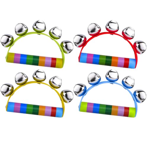 Zhenghebuy Cascabeles de Mano,4 Piezas Cascabeles de Trineo de Madera,Sonajero de Campana Arcoíris,Campanas Musicales,Juguetes Instrumentos para Niños