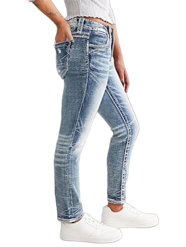 Flamingals Women's Embroidery Pocket Detail Skinny Jeans Low Waist Casual Pants2