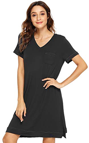 Wiwi Bamboo Nightgowns For Women Short Sleeve Sleep Shirt V Neck Nightgown Plus Size Sleepwear Cool Sleepshirts S-4X, Black, 3X #TOP2