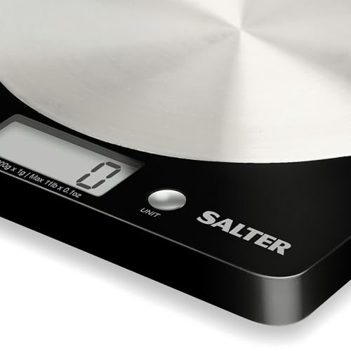 Salter 1036 BKSSDR - Bilancia elettronica a disco, vista in TV, design elegante e sottile, piattaforma in acciaio inox filato, aggiungi e pesa liquidi, capacità max di 5 Kg, Nero/cromato
