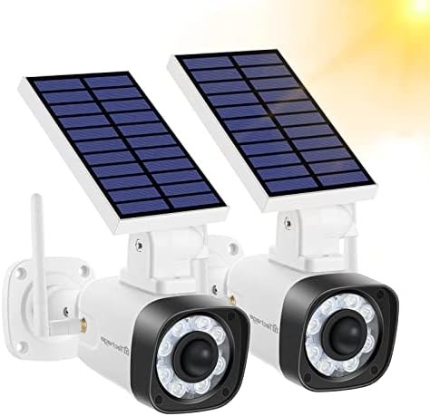 Techage Solar Battery Powered Metal Fake Security Camera, Dummy Cameras, Motion-Activated Floodlights, Realistic Look, Easy to Install, IP66 Waterproof, Warning Sticker Included, Pack of 2(White)