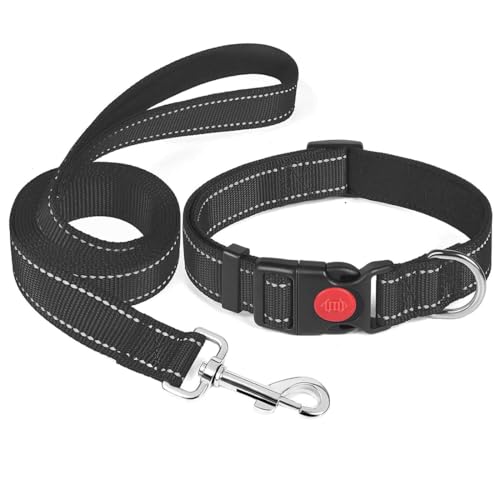 collare per cani, Imbottito Nylon Regolabile Traspirante Riflettente Collari, Con guinzaglio per Cani di Taglia Media, Nero