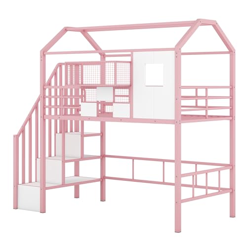 Favfurish Twin Size Metal Loft Bed with roof Design and a Storage Box,House Shaped Stairway Metal Bedframe w/Guardrail & Roof Design, for Kids Boys Girls Bedroom, Pink by Favfurish - Image 7
