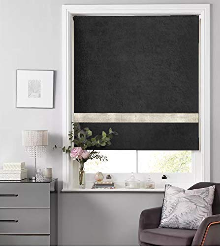 Image of Crushed Velvet Blackout Dim Out Diamante Trim Roller Blinds, Child Safe - Easy Fit Black 120cm