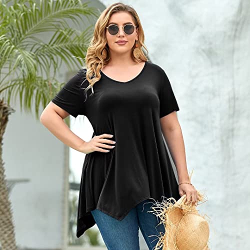 Larace Plus Size Tops For Womens Summer Clothes Short Sleeve Shirts Casual V Neck Tunic Asymmetrical Blouses(Black 3X) #TOP6