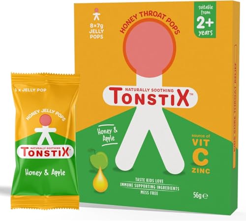 Tonstix Honey and Apple Jelly Pops - Pack of 8 Sore Throat Lollipops for Kids with Vitamin C and Zinc - No Added Sugar Cough Soother for Children - 100% Natural Immune Supporting Ingredients