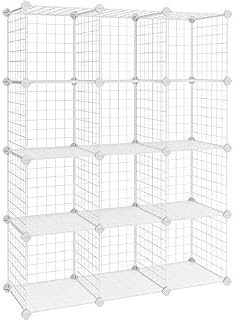 SONGMICS 12 Cubes Wire Grid Storage Rack, Interlocking Shelving Unit with Metal Mesh Shelves and PP Plastic Sheets, for Books Shoes Toys Clothes Tools, in Living Room Bathroom, White LPI34W