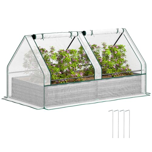 Outsunny Hochbeet mit Mini Gewächshaus, Outdoor Metall Pflanzkasten mit Abdeckung, für Kräuter und Gemüse, Nutzung für Terrasse, Garten, Balkon, Weiß und Dunkelgrau