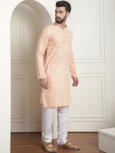 Sojanya (Since 1958 Men's Cotton Foil Printed Peach Kurta With Churidaar Pyjama
