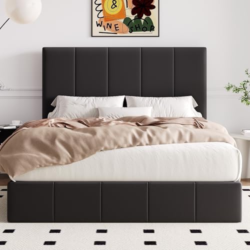 Image of Allewie Full Size Velvet Lift Up Hydrualic Storage Bed Frame, Black
