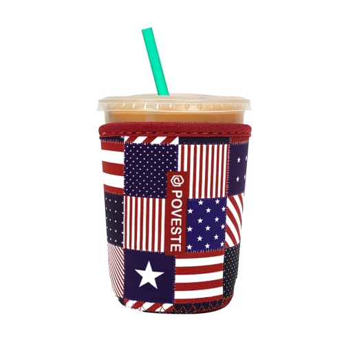 Image of Reusable Neoprene Insulator Sleeve for Iced Coffee & Cold Soda, Coffee Sleeves for Iced & Hot Drinks, Cold Beverage Cooler Compatible with Starbucks, Dunkin (Patriotic Flags, Small: 16-18oz)