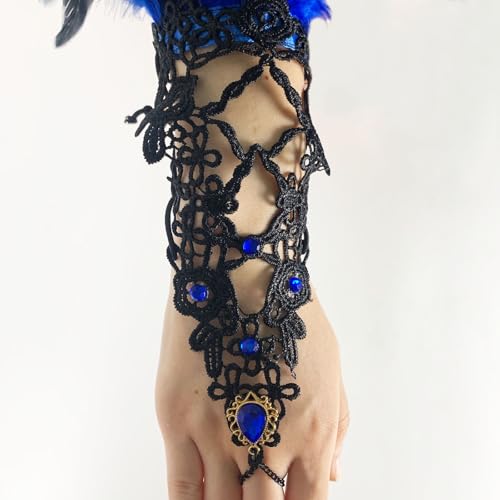 Black Lace Gloves for Women Cubic Zirconia Feather Swan Wings Wrist Bands Witch Angel Costume Accessories2