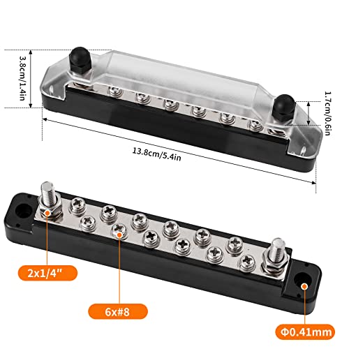 Idong Distribution Terminal Block Battery Bus Bar Kit,2 X 1/4" Posts, 12 X #8 Screws Terminals With Ring Terminals (Pair - Red & Black) #TOP1