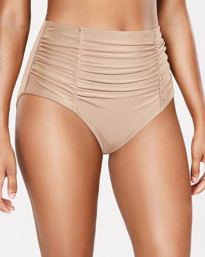 Holipick Calcinha de biquíni feminina de cintura alta com controle de barriga vintage franzido, Dour