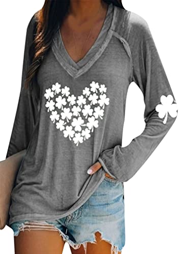 Image of BOFETA Women St Patricks Day Sweatshirts Loose Long Sleeve Shirts Green Shamrock Print Blouse Flowy Color Block Pullover Tops