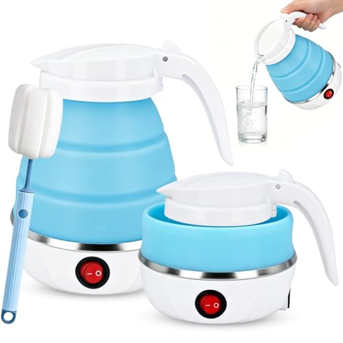 Faltbarer Wasserkocher 600ml Reisewasserkocher Reise Silikon Tragbarer Wasserkessel mit 1 Klappbürste Mini Elektrischer Silikon Wasserkessel für Camping Küche Reise Camping Outdoor