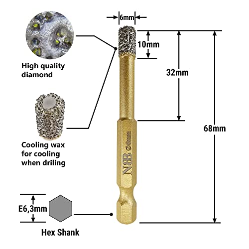 NBB Brazed Diamond Drill Bits with Hex Shank E6.3mm, Fast Connect, Dry or Wet Drilling on Porcelain, Ceramic, Tile, Granite - Image 2