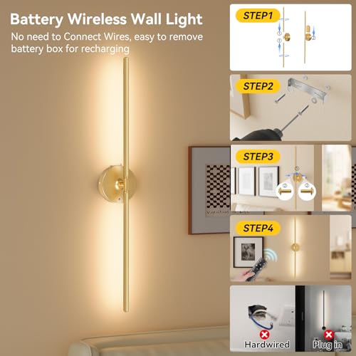 Image of Ouyulong Battery Operated Wall Sconces Set of 2, 8000mAh Wireless Rechargeable 3000-6000K Dimmable 350 Rotate Wall Light with Remote for Living Room, Bedroom 31.6in Gold