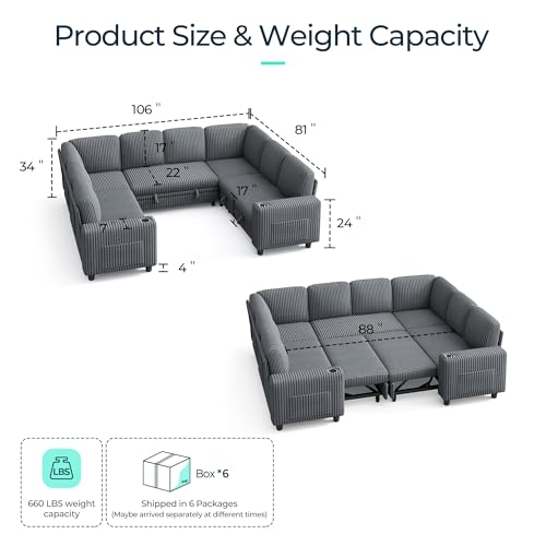 Image of LINSY HOME Sectional Sleeper Sofa with Pull Out Couch Bed - Convertible Plush Corduroy Cloud Couch with Storage Chaise & USB Charging, Comfy Modular Couches for Living Room, Grey