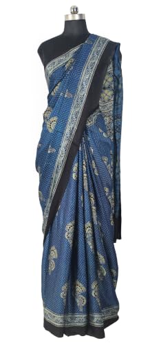 Image of Ethnics of Kutch Womenss Ajrakh Modal Silk Natural Dye Hand Block Print Saree with Blouse Piece - 5.5 Mtr Length