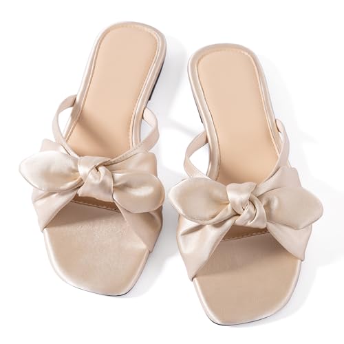 Mtzyoa Women Flat Sandals Braided Leather Nude Summer Dressy Fashion Evening Party Wedding Sandals, Champagne Satin, 8.5