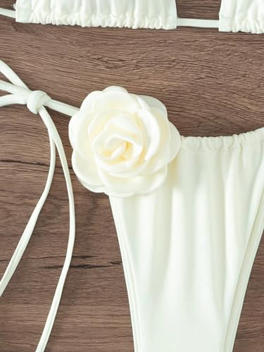 OYOANGLE Women's Bikini Set 2 Piece Floral Appliques Tie Backless Halter Triangle Swimsuit Tie Side Bathing Suits3