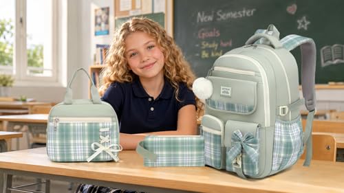 Image of Backpack for School Girls, 3Pcs Kids Cute Bookbag with Lunch Box Pencil Pouch, Student Pack Fits 15.6 Inch Laptop for Teens bag for Kindergarten Elementary Preschool Middle School, Green Tartan
