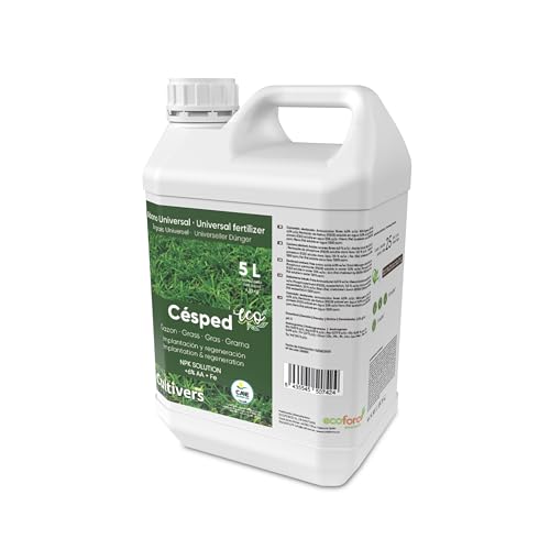 CULTIVERS Fertilizante Césped Ecológico de 5 L. Abono Líquido con Micronutrientes y Aminoácidos. Abono 100% Orgánico y Natural. Césped más Verde, Fuerte y denso. No Produce Quemaduras
